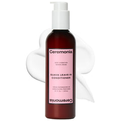 Ceremonia Guava Leave-In Bottle Pour showcases deep hydration for dry hair.