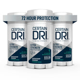 Certain Dri Extra Strength clinical solid bottle closeup highlights powerful sweat protection.