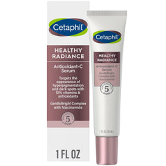 Cetaphil Healthy Radiance Serum bottle highlights fragrance-free, oil-free formula for sensitive skin.
