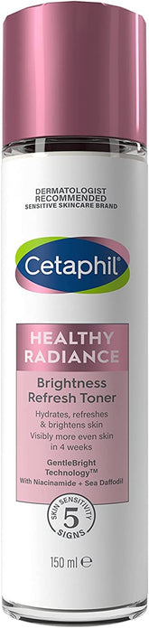 Cetaphil Healthy Radiance toner bottle pour shows alcohol-free refreshing hydration for sensitive skin.