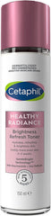 Cetaphil Healthy Radiance toner bottle pour shows alcohol-free refreshing hydration for sensitive skin.