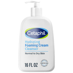 Cetaphil Hydrating Foaming Cream Cleanser bottle for gentle makeup removal and hydration.