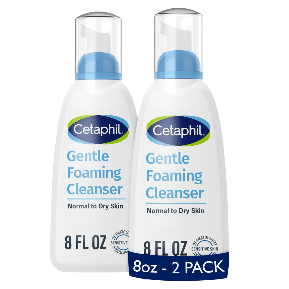 Cetaphil Oil Free Gentle Foaming Cleanser bottle illustrates fragrance-free formula for sensitive skin cleansing.