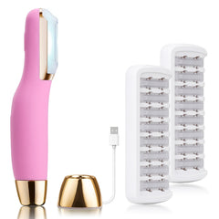 CEVEK Sonic Dermaplane Razor pink closeup showing peach fuzz removal for smoother makeup application.