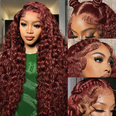 Cfaimity reddish brown deep wave lace front wig front view for natural daily wear.