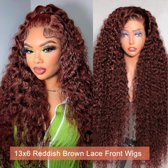 Cfaimity reddish brown deep wave wig 13x6 HD lace frontal for seamless skin blend.