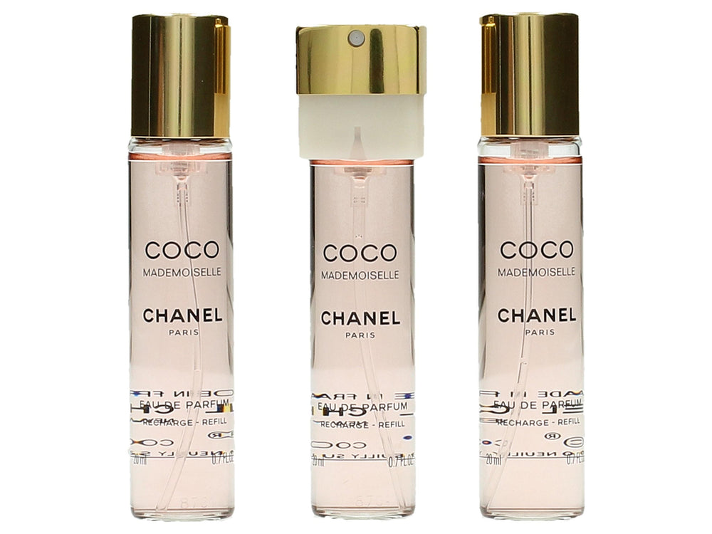 Chanel Coco Mademoiselle twist-spray refill showcases travel-friendly packaging for convenient fragrance refresh.