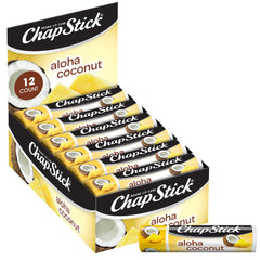 ChapStick Aloha Coconut lip balm tube, travel-friendly, keeps lips moisturized all day.