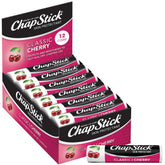 ChapStick Classic Cherry lip balm tube in a 12-pack, providing daily moisture for dry lips.