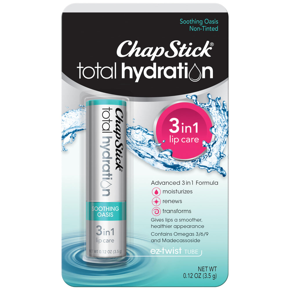 ChapStick Total Hydration Soothing Oasis lip balm tube front view for on the go hydration