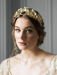 Chargances bridal gold leaf crown headband side view shows secure, comfortable wear for long events