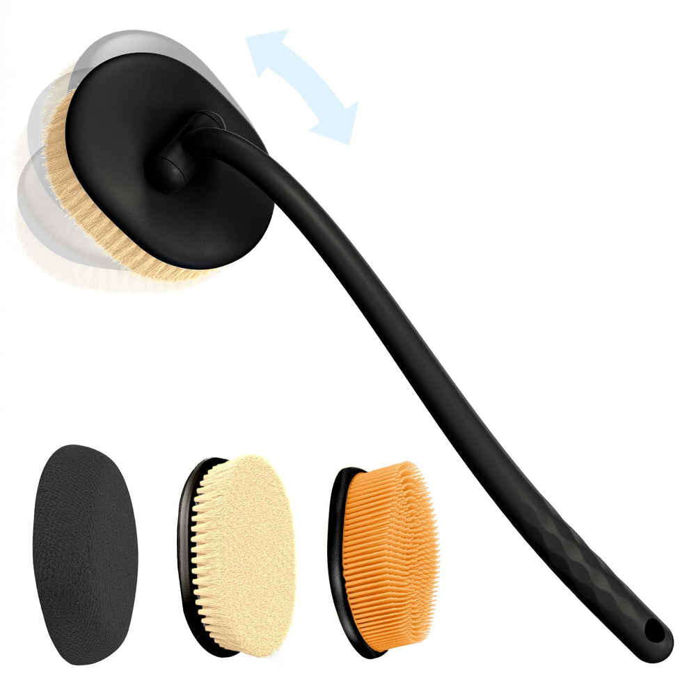 Charlie & Mollie back-scrubber pivoting-head enables easy back reach and gentle cleansing.