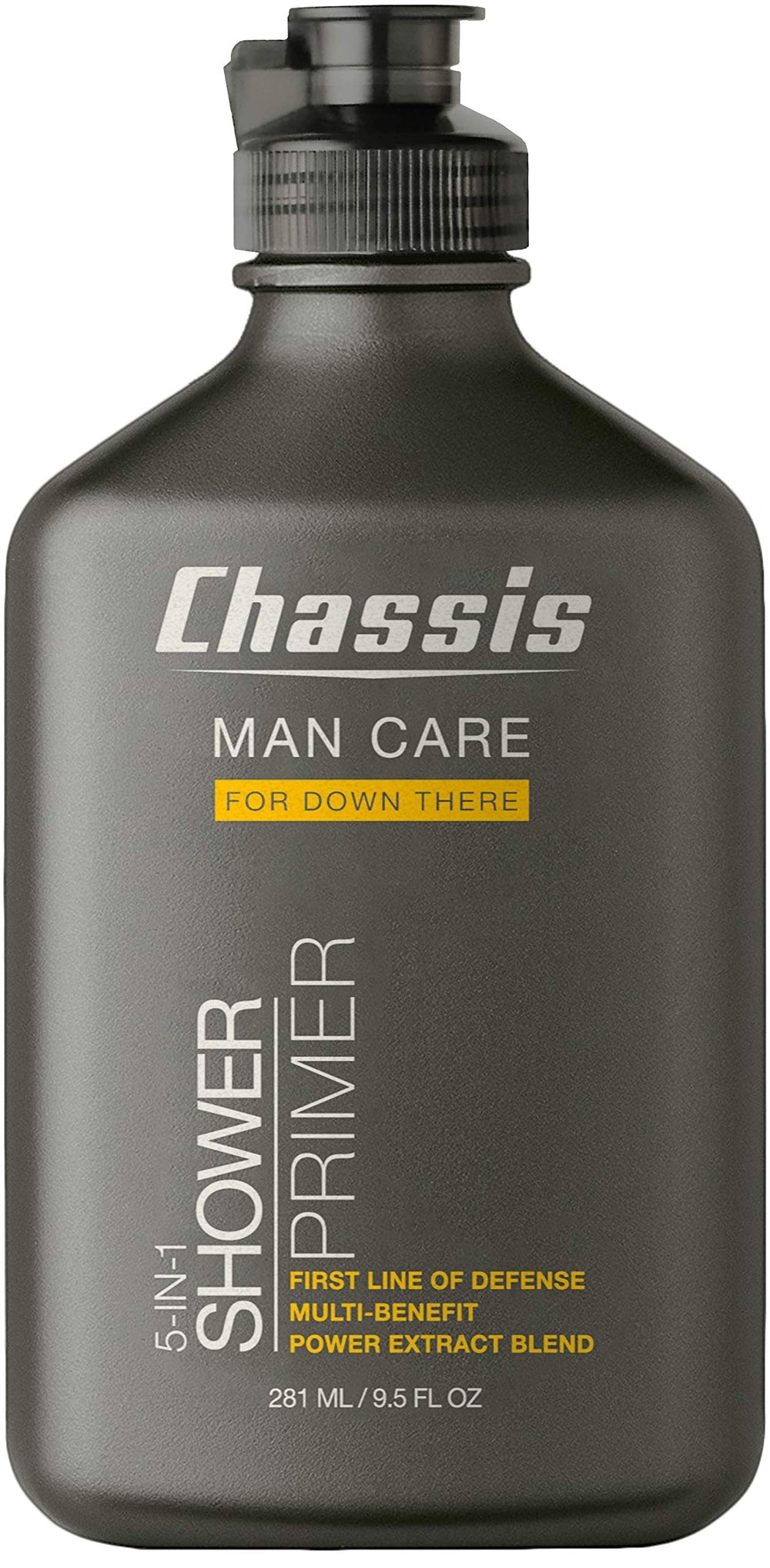 Chassis Shower Primer bottle demonstrating 5-in-1 cooling and anti-chafe skin care
