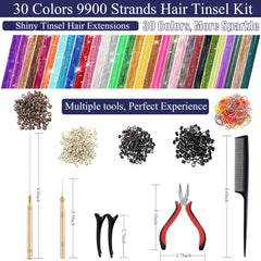 CHENZI 30-color set shows vibrant tinsel strands for versatile looks.