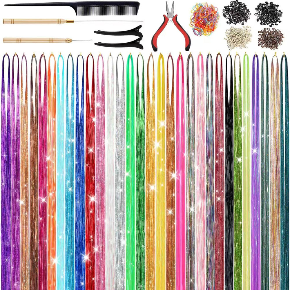 CHENZI hair tinsel kit contents with tools for easy DIY styling.