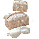 Cherry Ever After large floral makeup bag with pearl lace bow for organized cosmetics on the go