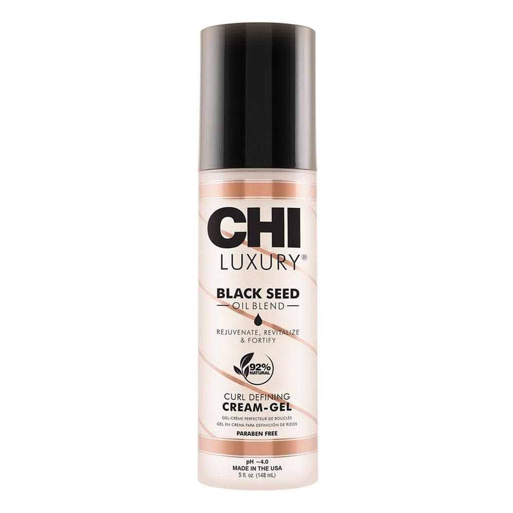 CHI Luxury Black Seed Oil Curl Defining Cream Gel bottle pour smooths frizz and adds shine.