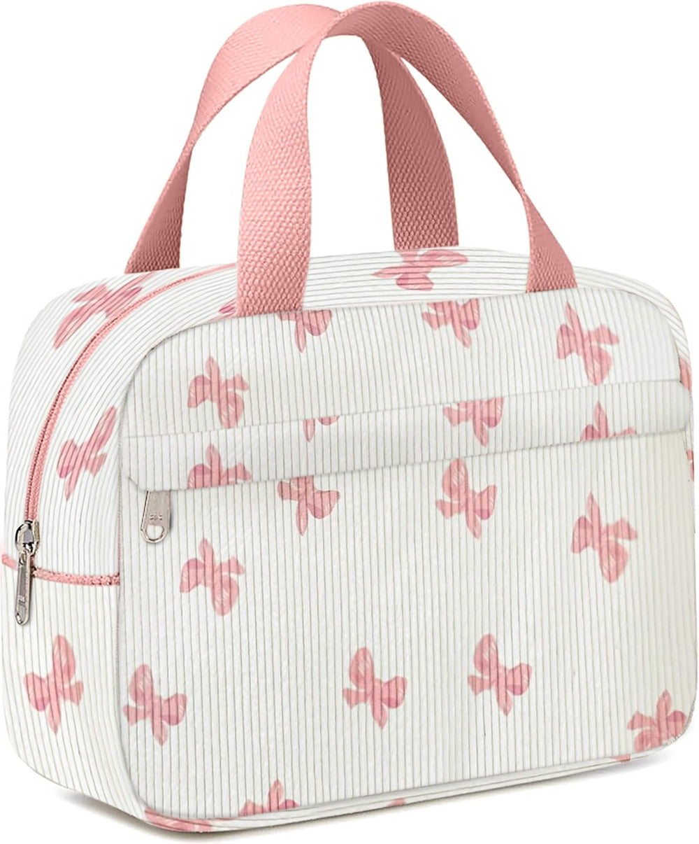 Chicarries bow pink corduroy makeup bag close-up highlighting durable fabric and floral bow detail