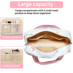 Chicarries bow pink corduroy makeup bag inside purse demonstrates purse-friendly size