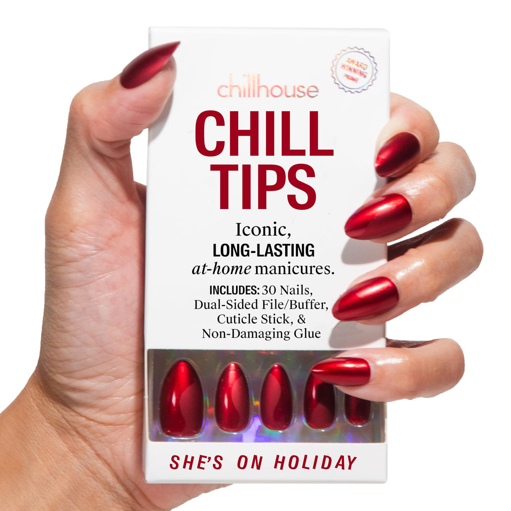 Chillhouse Chill Tips Shes on Holiday Almond Tips showcase versatile shapes for a quick festive mani