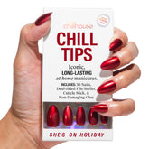 Chillhouse Chill Tips Shes on Holiday Almond Tips showcase versatile shapes for a quick festive mani