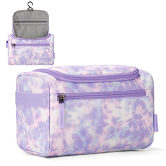 Choco Mocha kids toiletry bag with purple tie-dye hangs for easy travel access.