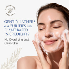 Christina Moss Naturals Face Wash hand lather demonstrates gentle cleansing suitable for all skin types.