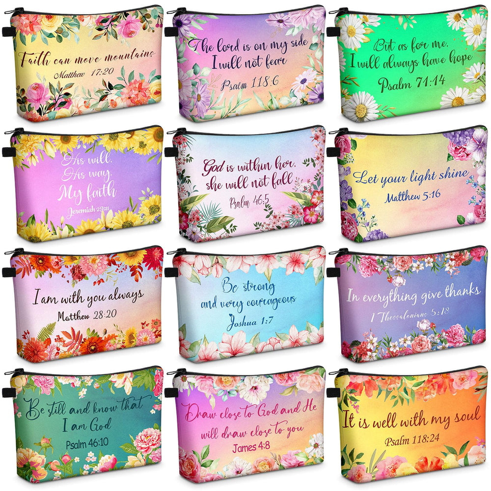 Chunful 12-piece Christian makeup bags with vivid patterns for organization.