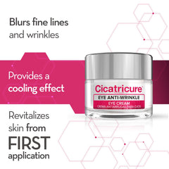 Cicatricure eye cream cooling gel on eyelids for refreshing eye-area experience.