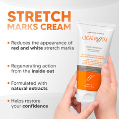Cicatrissim stretch mark cream texture close-up showing lightweight absorption