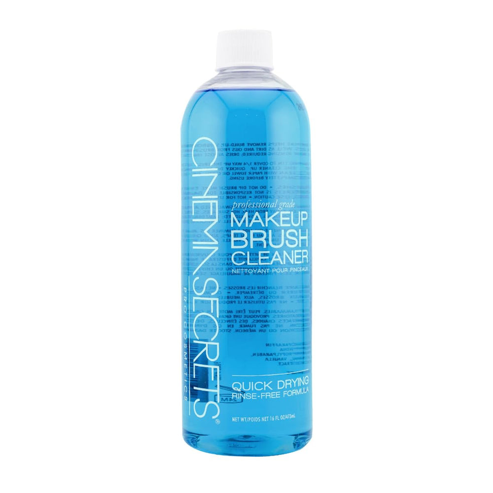Cinema Secrets blue-vanilla-cleanser-pump demonstrates spill-free, quick brush cleaning.