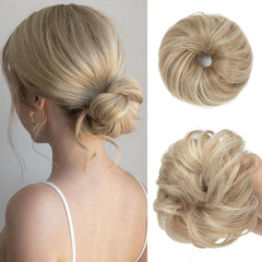 CJL HAIR Sunny Blonde small messy bun front view adds lightweight volume
