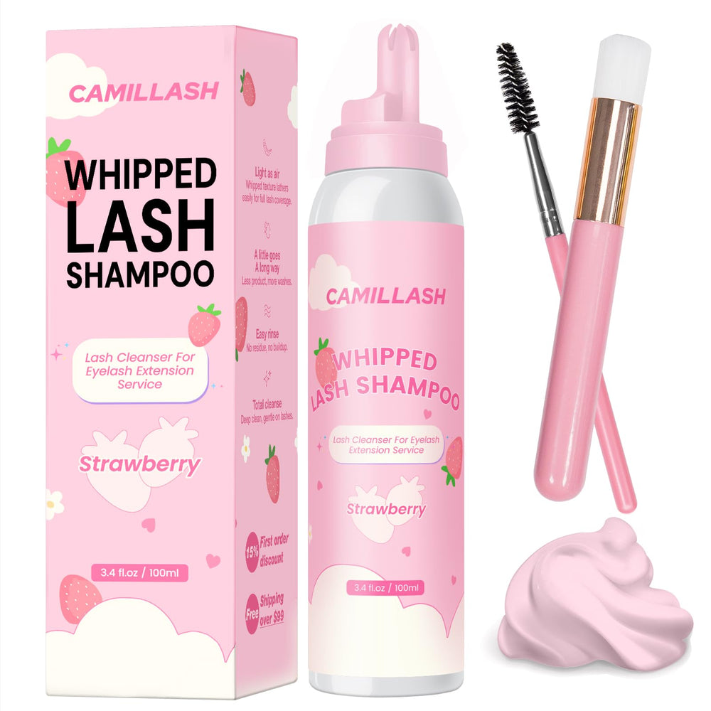 CL CAMILLASH whipped lash foam bottle pour demonstrates dense cleansing for gentle lash care and oil removal