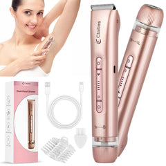 Claities 2in1 shaver dual-head closeup for precise grooming on bikini and face.