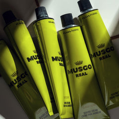 Claus Porto Musgo Real shaving cream tub packaging showcases classic masculine grooming ritual.