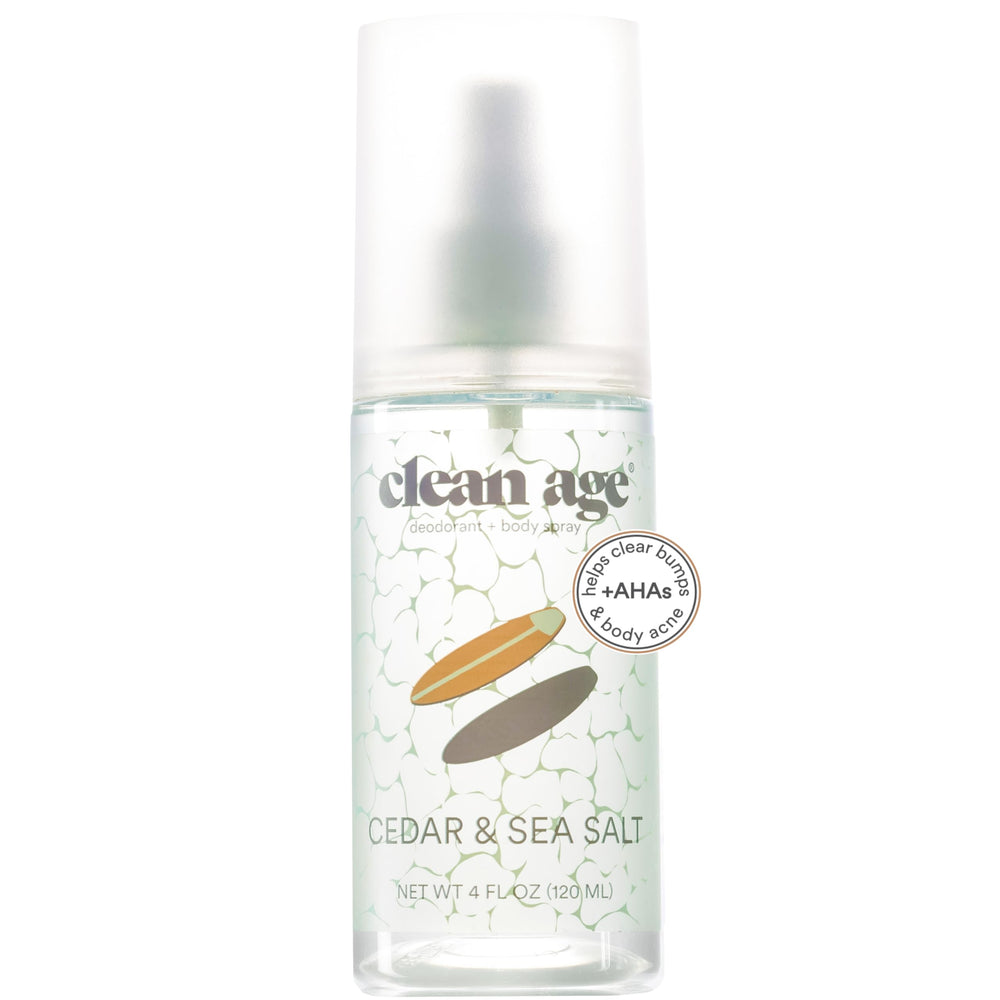Clean Age Cedar deodorant bottle close-up highlighting aluminum-free formula for teen skin.