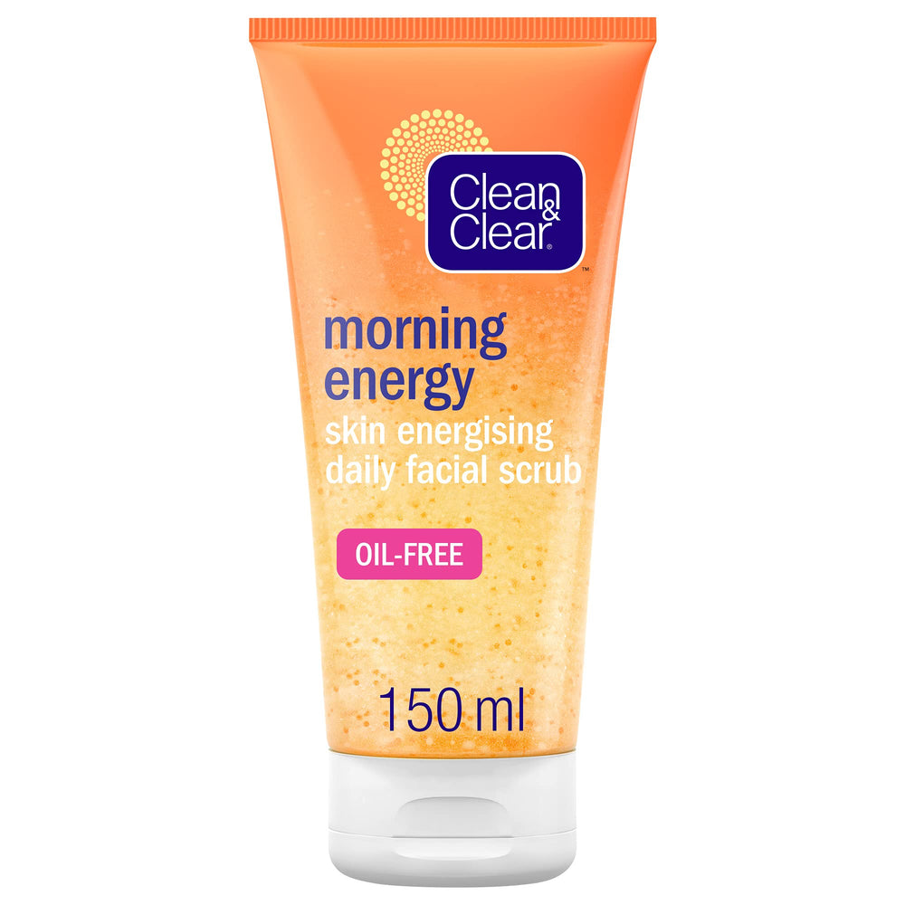 Clean & Clear Morning Energy scrub bottle closeup for a refreshing morning routine.
