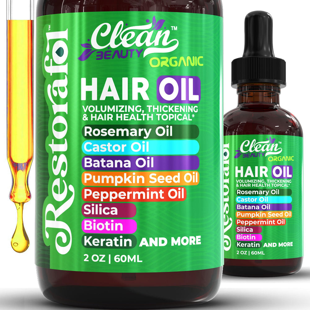 Clean Beauty Rosemary Hair Oil bottle pour for daily growth ritual.