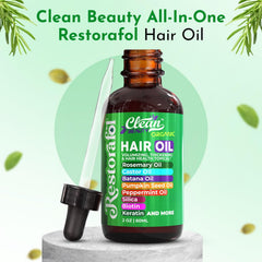 Clean Beauty Rosemary Hair Oil oil drop emphasizes nourishing texture.