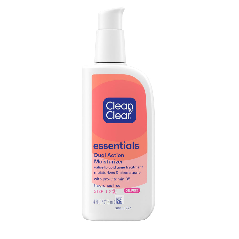 Clean & Clear Essentials Dual Action Moisturizer bottle pouring for oil-free hydration to support acne-prone skin