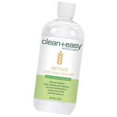 Clean + Easy after-wax remover bottle pour shows oil-based formula for residue-free skin