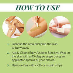 Clean + Easy Azulene packaging close-up emphasizes cruelty-free, pro-approved wax.