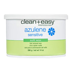Clean + Easy Azulene Sensitive Soft Wax tub shows 14oz packaging for gentle hair removal.