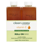 Clean + Easy Vit E Roll-On Wax packaging showcases salon-grade formula for facial and body waxing.