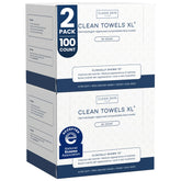 Clean Skin Club Clean Towels XL pack overview showing two-pack with 100 towels for hygienic skincare