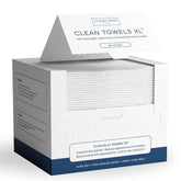 Clean Skin Club Clean Towels XL pack shows 50 disposable towels for hygienic facial cleansing.