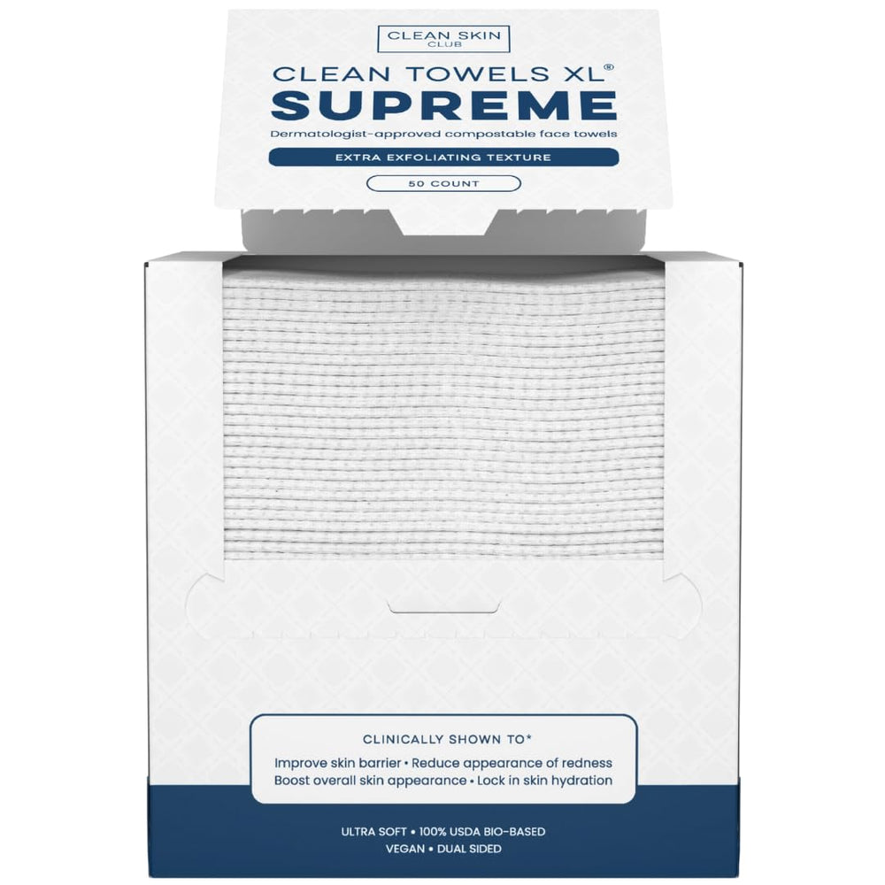 Clean Skin Club Clean Towels XL Supreme pack showing 50 single-use towels for quick daily cleans