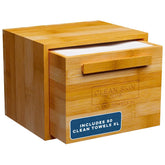 Clean Skin Club luxe bamboo container with pullout drawer for tidy bathroom organization.