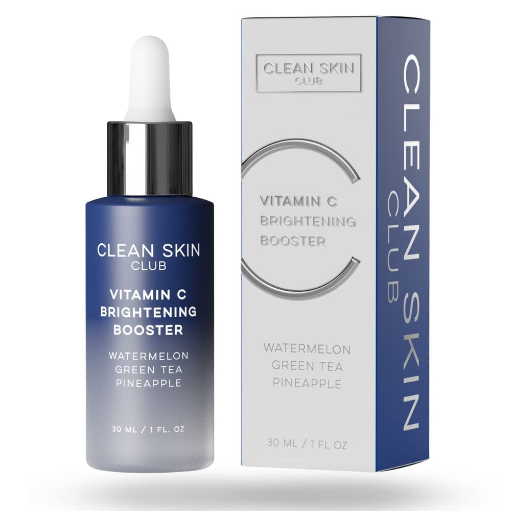 Clean Skin Club Vitamin C Serum bottle closeup highlighting brightening potential for uneven skin tone.