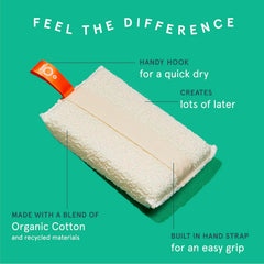 Cleanlogic Organic Cotton Exfoliating Body Scrubber in hand-use demonstrates effective circular motions for smoother skin.